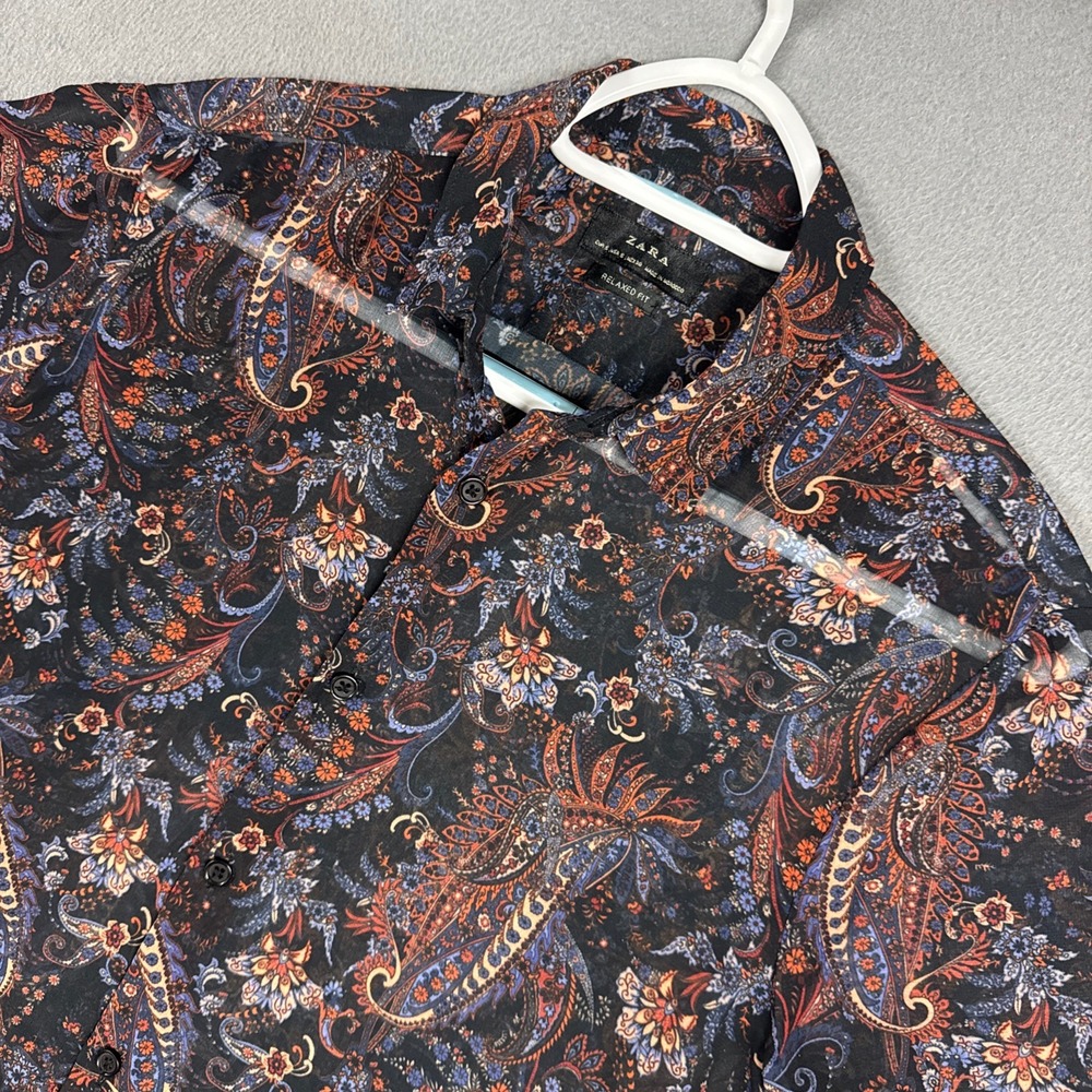 Zara Shirt Womens Small Black All Over Paisley Relaxed Fit Short Sleeve Vintage